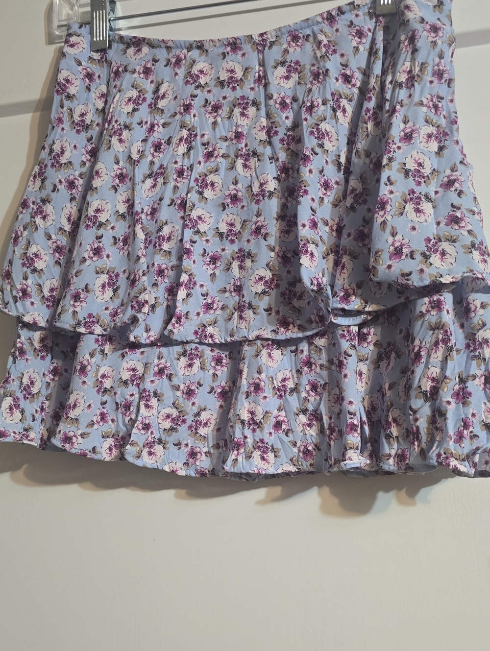 Zara Floral Tiered Ruffle Mini Skirt - Light Blue with Purple Floral